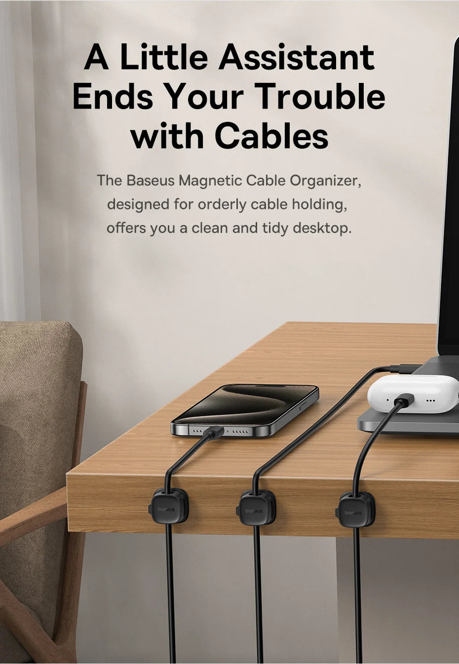 🧲🔌 Baseus Magnetic Cable Organizer Holder – Adjustable Under Desk Clip