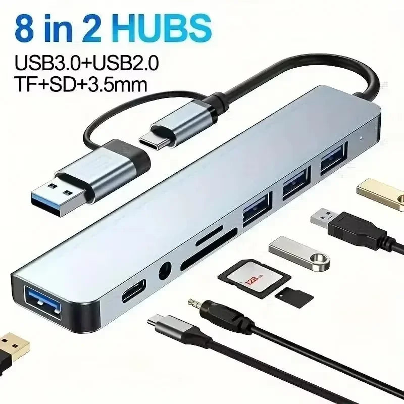 USB-C Hub 8-in-1 USB Extender with SD/TF Card Reader & Audio Port