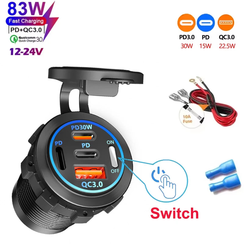 🚗 4‑Port PD + QC 3.0 Car Charger with Voltmeter | 83W Fast Charge | Waterproof 12V/24V
