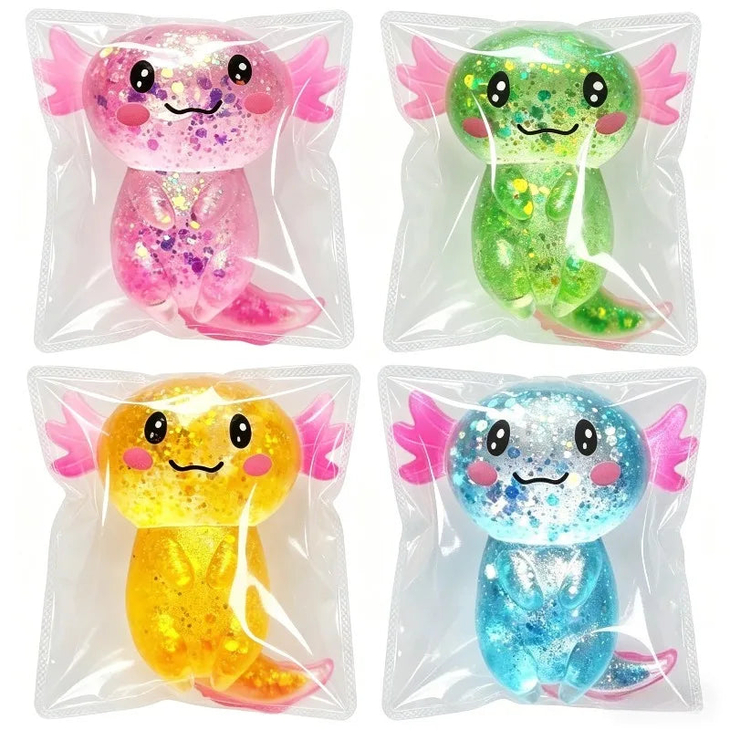Glitter Axolotl Squishy Toy – Colorful Kawaii TPR Fidget Toy