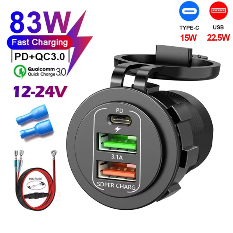 🚗 4‑Port PD + QC 3.0 Car Charger with Voltmeter | 83W Fast Charge | Waterproof 12V/24V