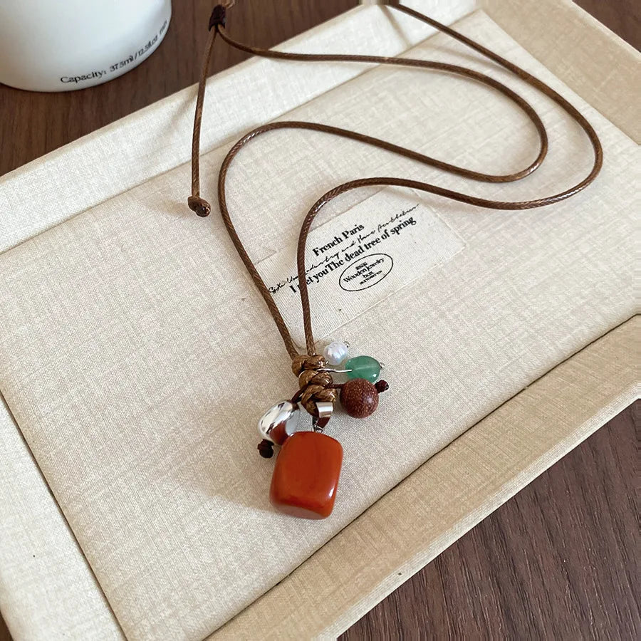 💛✨ Natural Spotted Tiger Eye Stone Necklace 🍇 | Vintage Water Droplet Grape Pendant 🌿 | Long Chain Necklace for Women Boho Accessories 💖