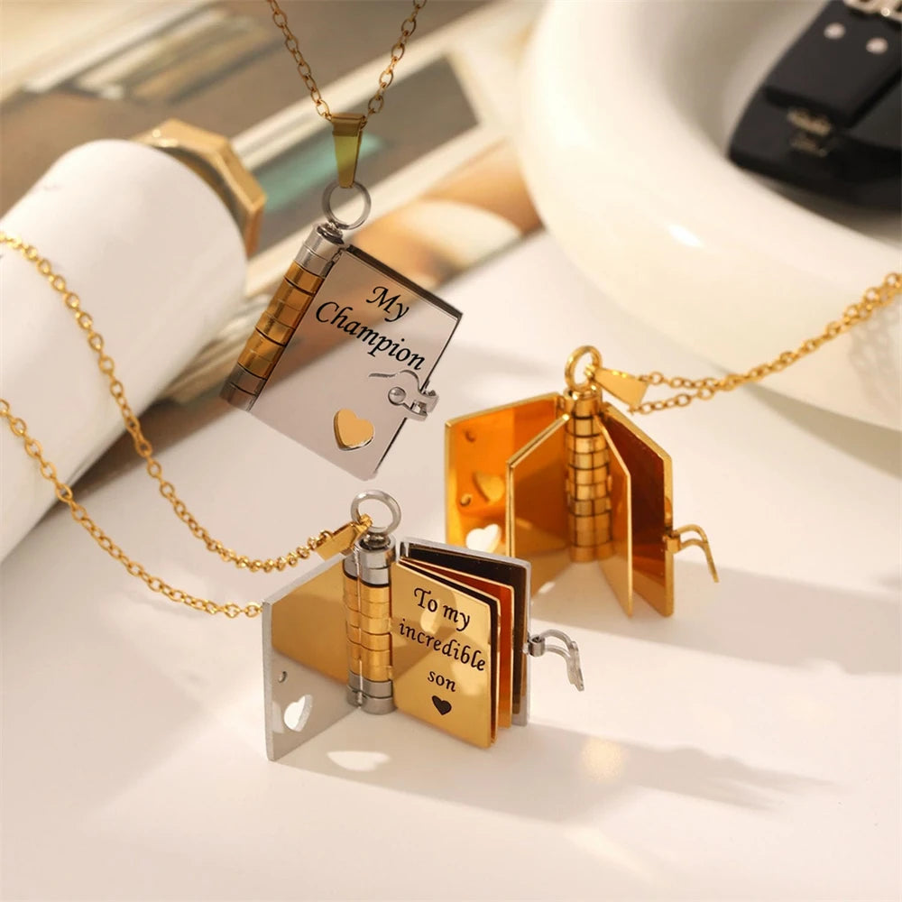 📖💙 To My Champion Son Book Necklace 🏆 | Engraved Openable Book Pendant with 6 Message Pages ✨ | Birthday Gift for Boys – My Little Hero 💪