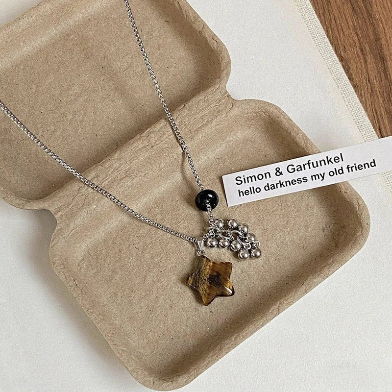 💛✨ Natural Spotted Tiger Eye Stone Necklace 🍇 | Vintage Water Droplet Grape Pendant 🌿 | Long Chain Necklace for Women Boho Accessories 💖