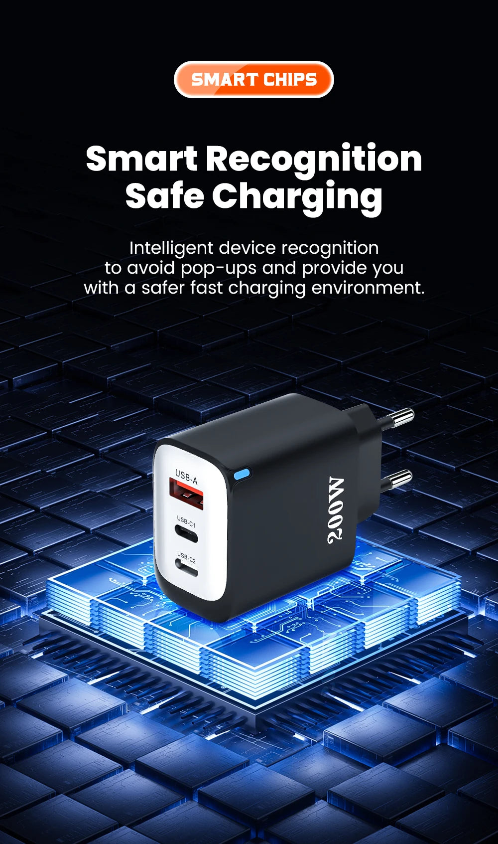 200W USB Type C Charger Quick Charge Portable Fast Charger 1U+2C Multi Port Charging Head