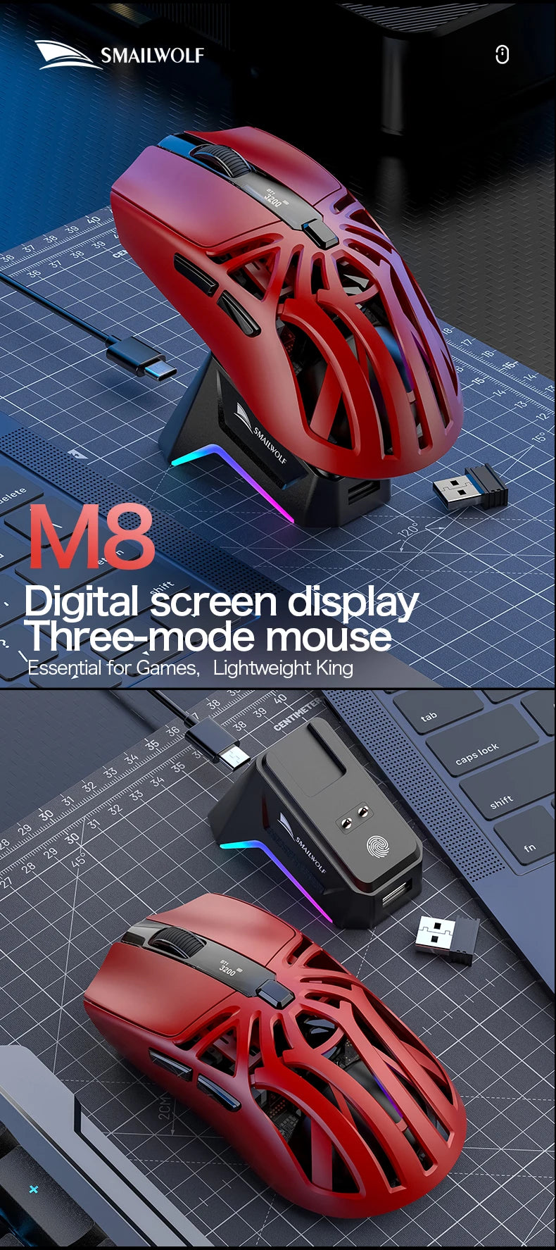 🔥🖱️ SMAILWOLF M8 Wireless RGB Gaming Mouse – 12000 DPI Tri-Mode