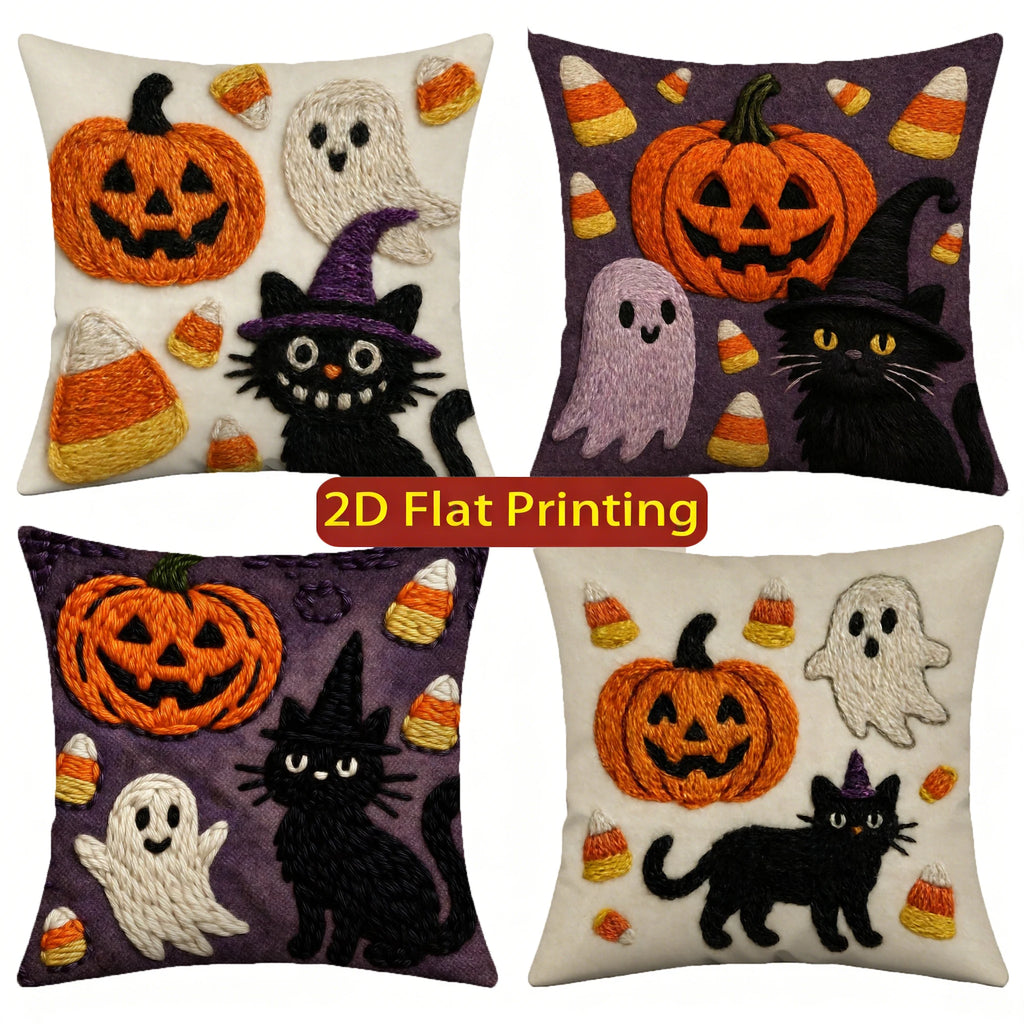 Halloween Pillow Cover – Pumpkin, Ghost & Cat