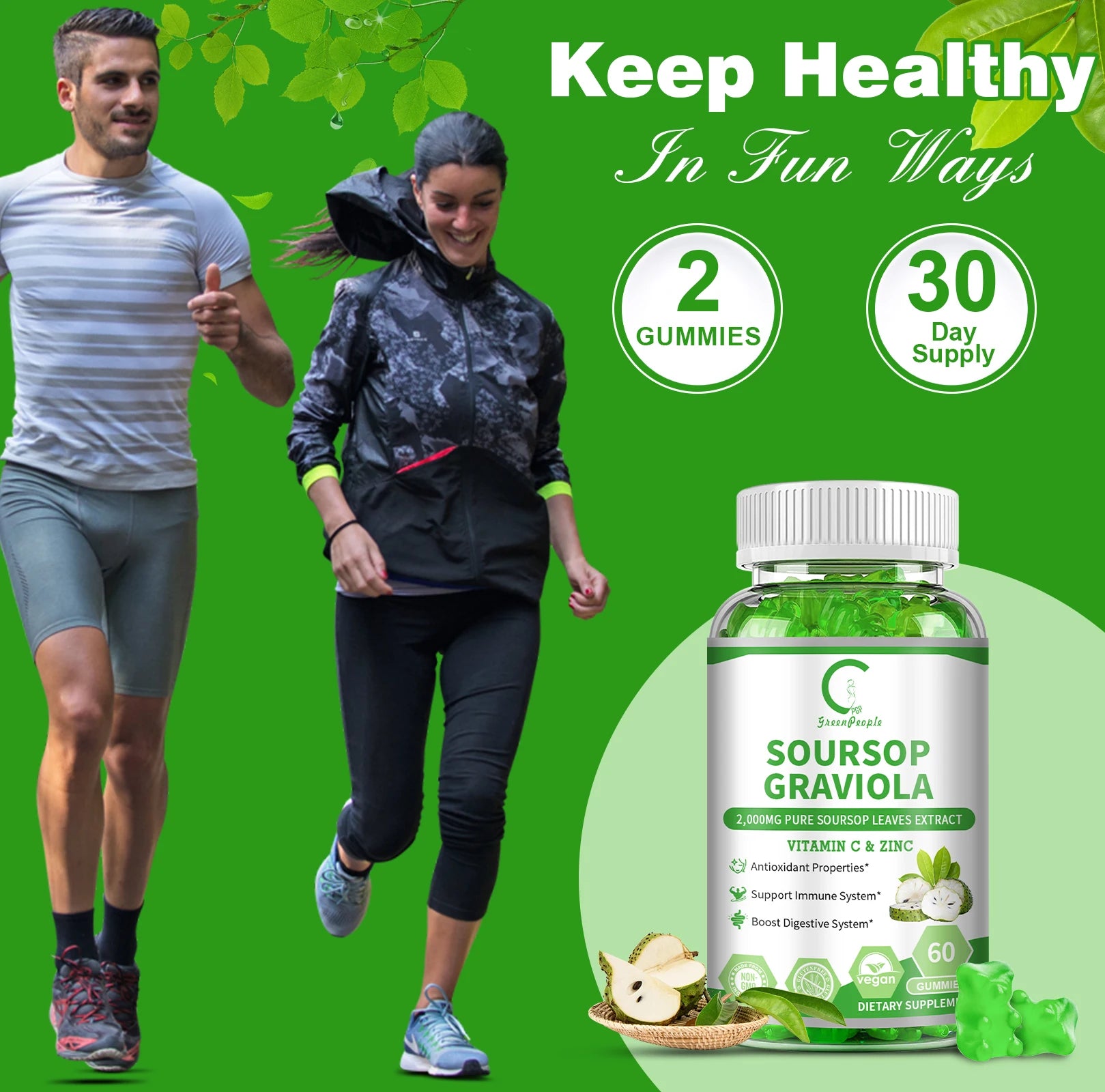 Soursop Gummies 🍃 | Immune, Digestive & Skin Health Support | Vitamin C & Zinc | Cellular Wellness Formula | 60 Gummies