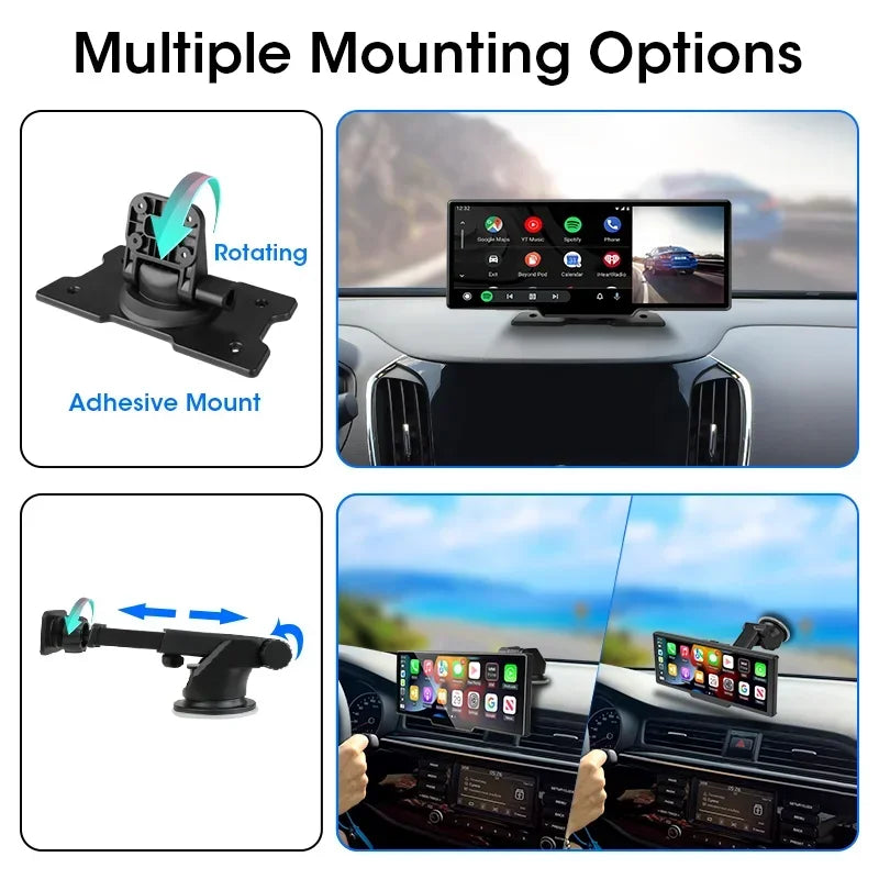 10.26" 4K Dash Cam Mirror with Wireless CarPlay & Android Auto, GPS, Rear Camera, 1600x600 IPS Touchscreen, Voice Control, Parking Monitor