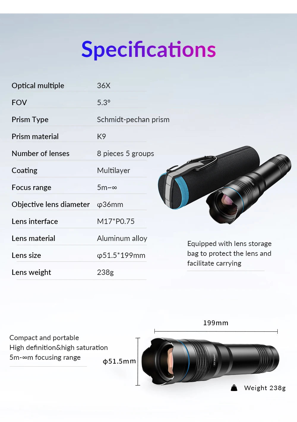 🔭📱 APEXEL 36X Metal Telephoto Zoom Lens with Tripod