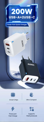 200W USB Type C Charger Quick Charge Portable Fast Charger 1U+2C Multi Port Charging Head