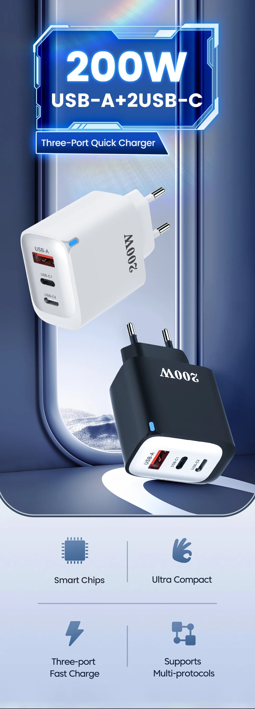 200W USB Type C Charger Quick Charge Portable Fast Charger 1U+2C Multi Port Charging Head