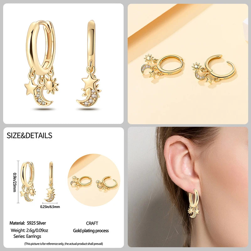 🌙⭐🐝 925 Sterling Silver Star Moon Bee Pendant Earrings ✨ | Gold-Tone Sparkling Zircon Luxury Earrings for Women 💎 | Wedding & Engagement Jewelry Gift 👰