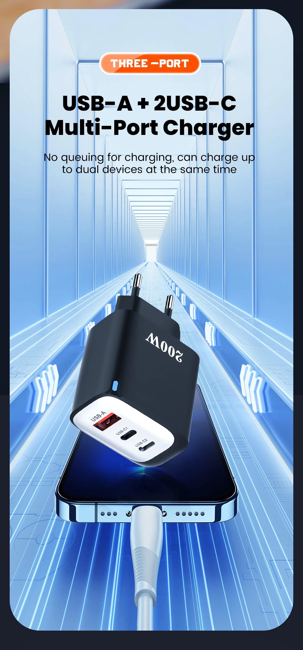 200W USB Type C Charger Quick Charge Portable Fast Charger 1U+2C Multi Port Charging Head