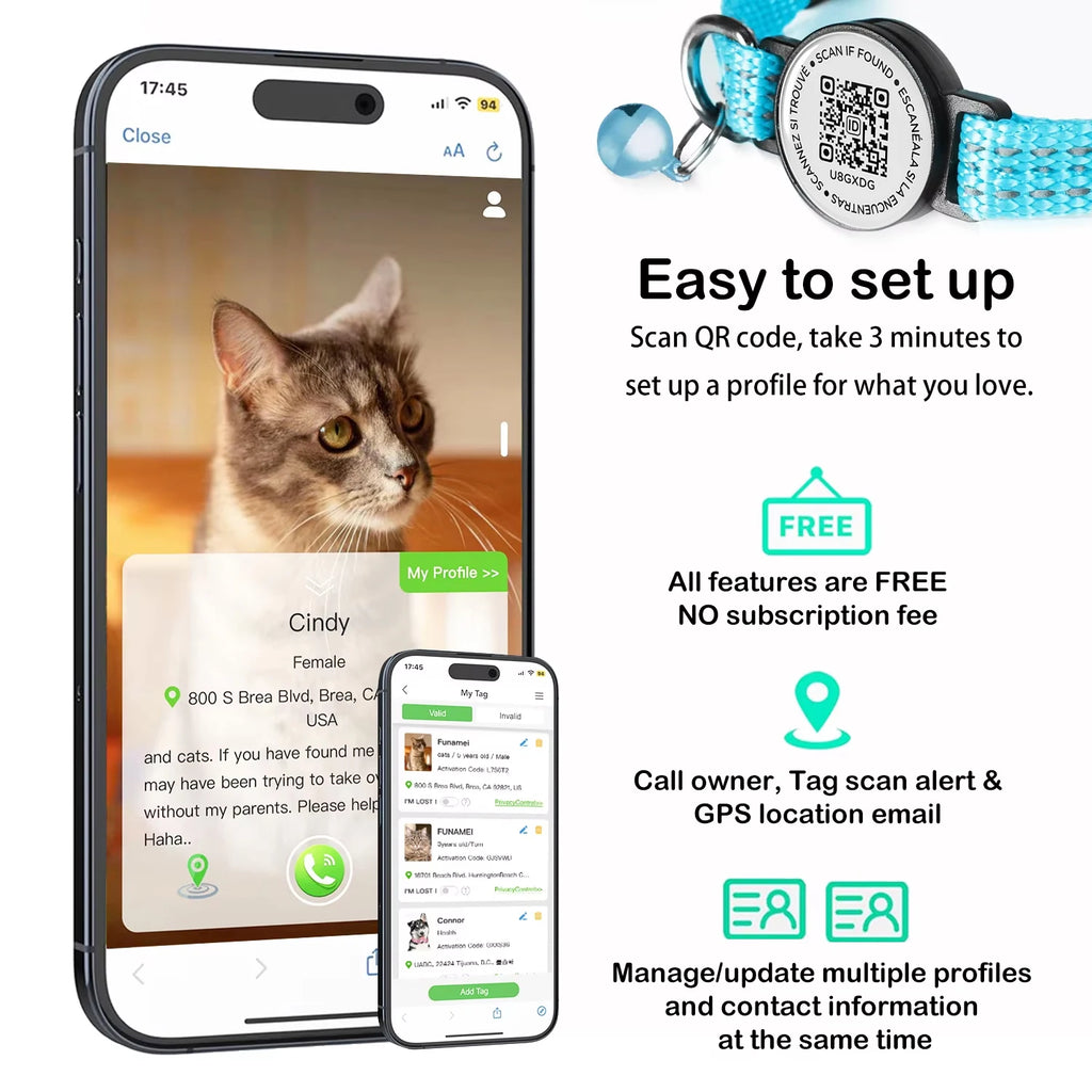 📍🐾 Reflective Cat GPS Collar with QR Tag & AirTag Case – Breakaway Safety