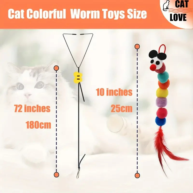 Adjustable hanging cat teaser toy with colorful plush worms for indoor cats