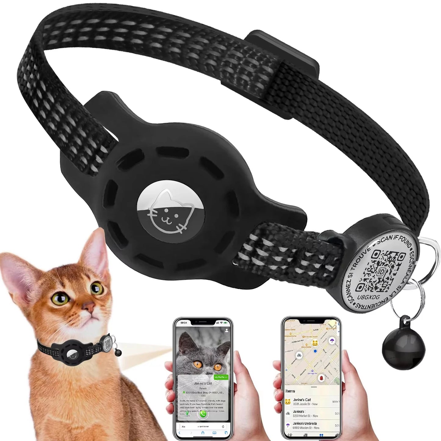 📍🐾 Reflective Cat GPS Collar with QR Tag & AirTag Case – Breakaway Safety