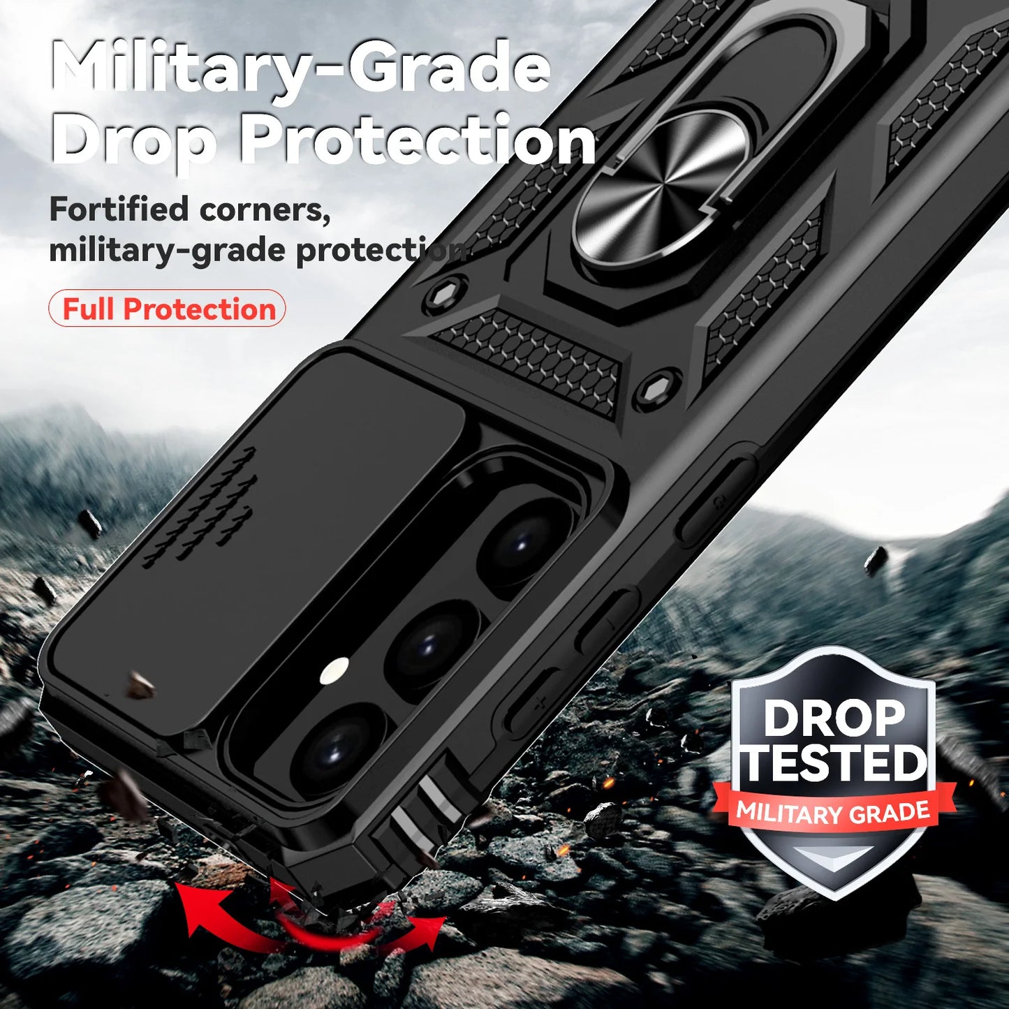 Luxury Armor Case with Ring Holder & Slide Camera Cover for Samsung Galaxy S Series