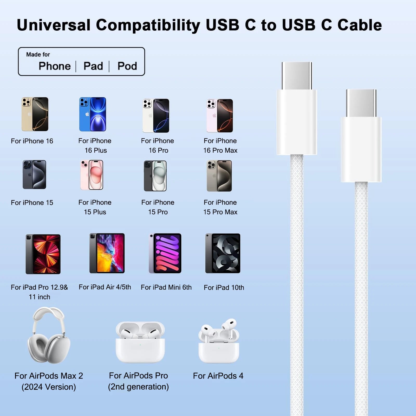 40W PD Fast Charger USB-C to C Cable – For iPhone & Samsung