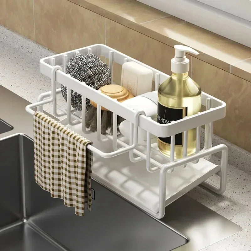 🍽️✨ Multifunctional Kitchen Sink Storage Shelf | No-Punch Adhesive Drain Rack with Hooks 🧽 | Plastic Spice & Rag Organizer for Sink Tap