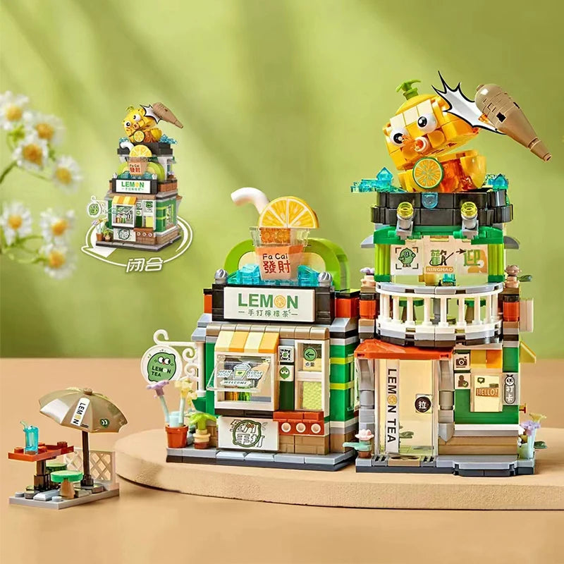🍋🍜 Creative Mini Building Blocks – Snack Bar, Sea Fish Food House & Lemon Tea Shop DIY Puzzle Toy for Kids & Girls