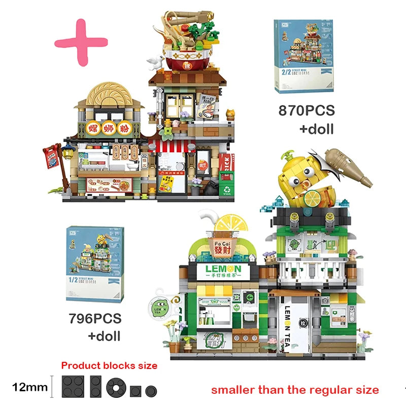 🍋🍜 Creative Mini Building Blocks – Snack Bar, Sea Fish Food House & Lemon Tea Shop DIY Puzzle Toy for Kids & Girls