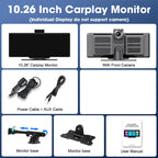 10.26" 4K Dash Cam Mirror with Wireless CarPlay & Android Auto, GPS, Rear Camera, 1600x600 IPS Touchscreen, Voice Control, Parking Monitor