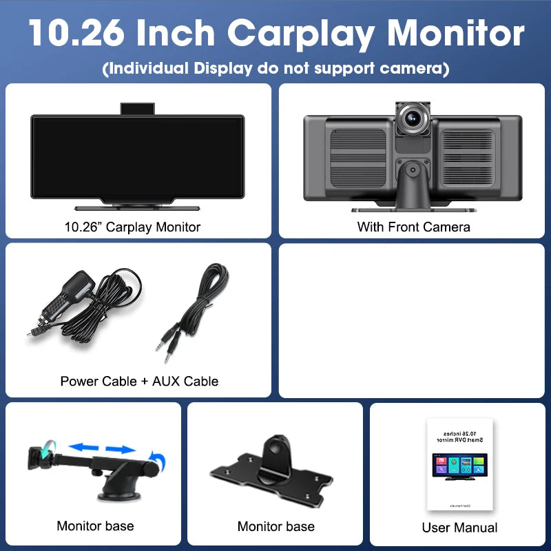 10.26" 4K Dash Cam Mirror with Wireless CarPlay & Android Auto, GPS, Rear Camera, 1600x600 IPS Touchscreen, Voice Control, Parking Monitor