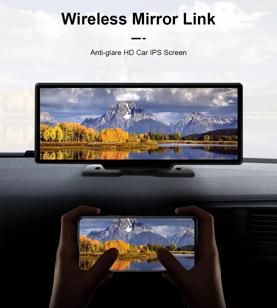 10.26" 4K Dash Cam Mirror with Wireless CarPlay & Android Auto, GPS, Rear Camera, 1600x600 IPS Touchscreen, Voice Control, Parking Monitor