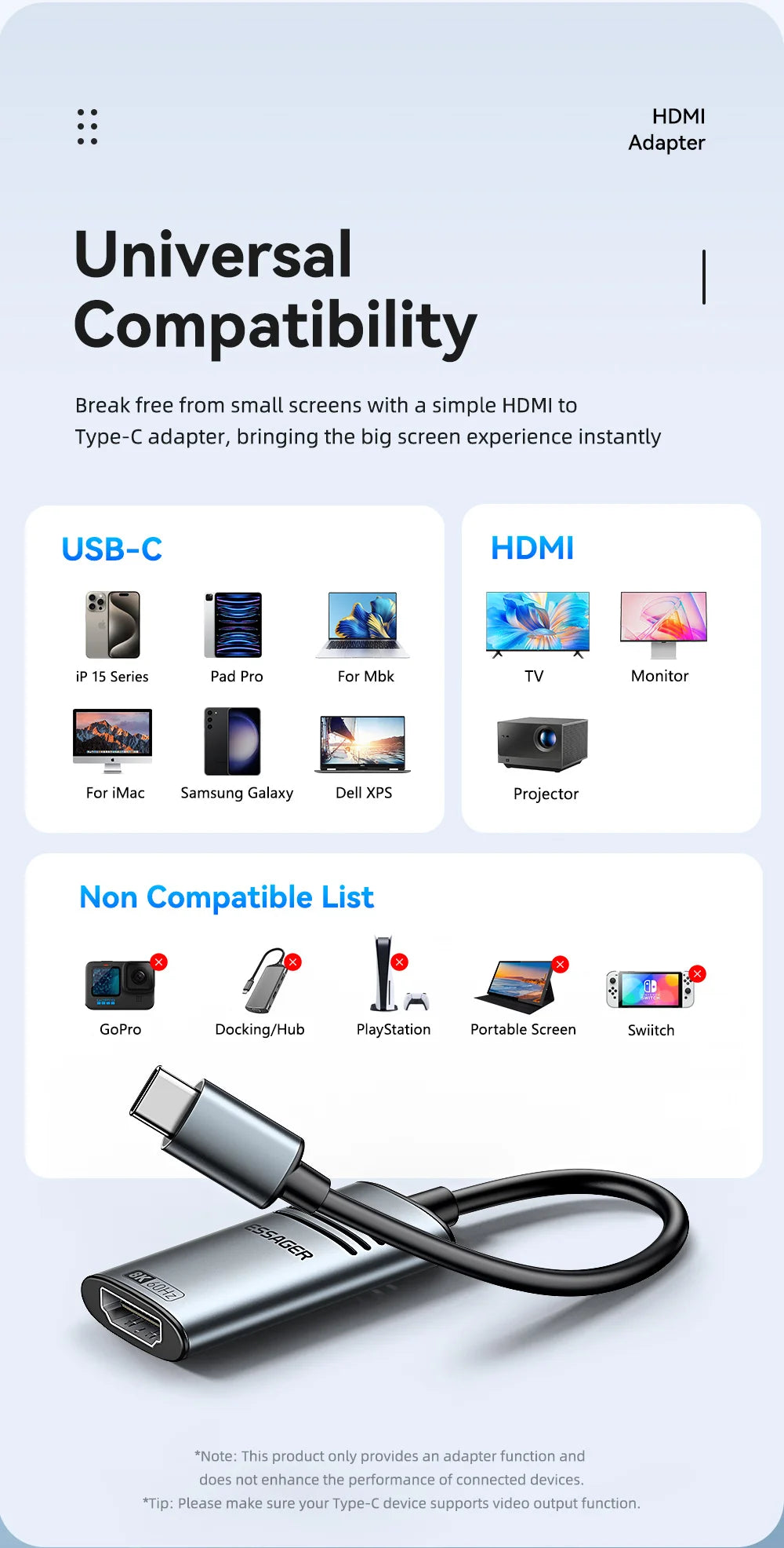 📺🔗 Essager HDMI to USB-C Adapter – 8K@60Hz / 4K@120Hz High-Speed Converter
