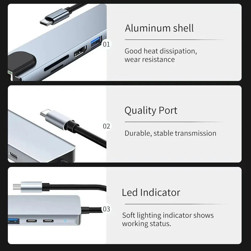 🔗💻 8-in-1 USB-C Hub – 4K HDMI Docking Station with RJ45 & PD