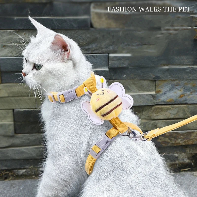 Cat Harness Leash Collar Set, Adjustable Cartoon Bee Design Double Layer Dog Harness for Small and Medium Pets Outdoor Walking Gear