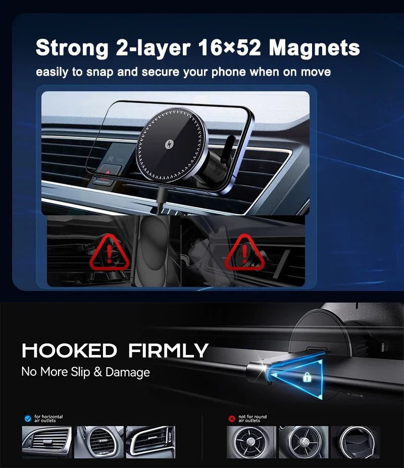 UYUXIO Magnetic Wireless Car Charger – 15W Air Vent Phone Holder