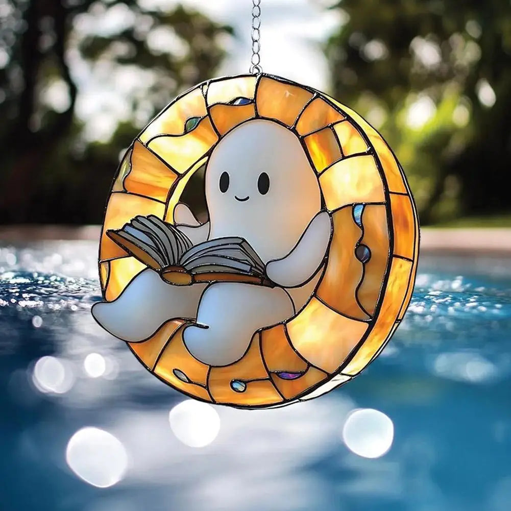 Halloween Ghost Reading Acrylic Ornament – Colorful Window Décor