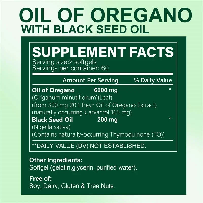 Oregano Oil Softgels with Black Seed Oil – 6,000mg Herbal Equivalent, Immune & Digestive Support – 120 Capsules