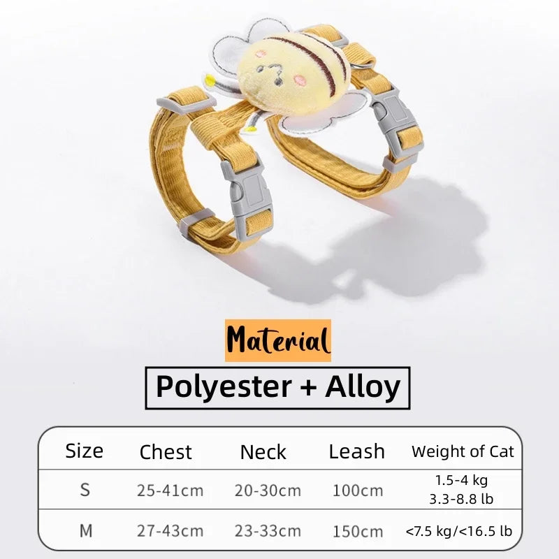 Cat Harness Leash Collar Set, Adjustable Cartoon Bee Design Double Layer Dog Harness for Small and Medium Pets Outdoor Walking Gear