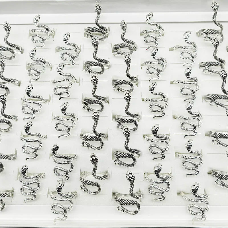 🐍💍 50pcs Vintage Snake Rings Set – Adjustable Silver Animal Jewelry