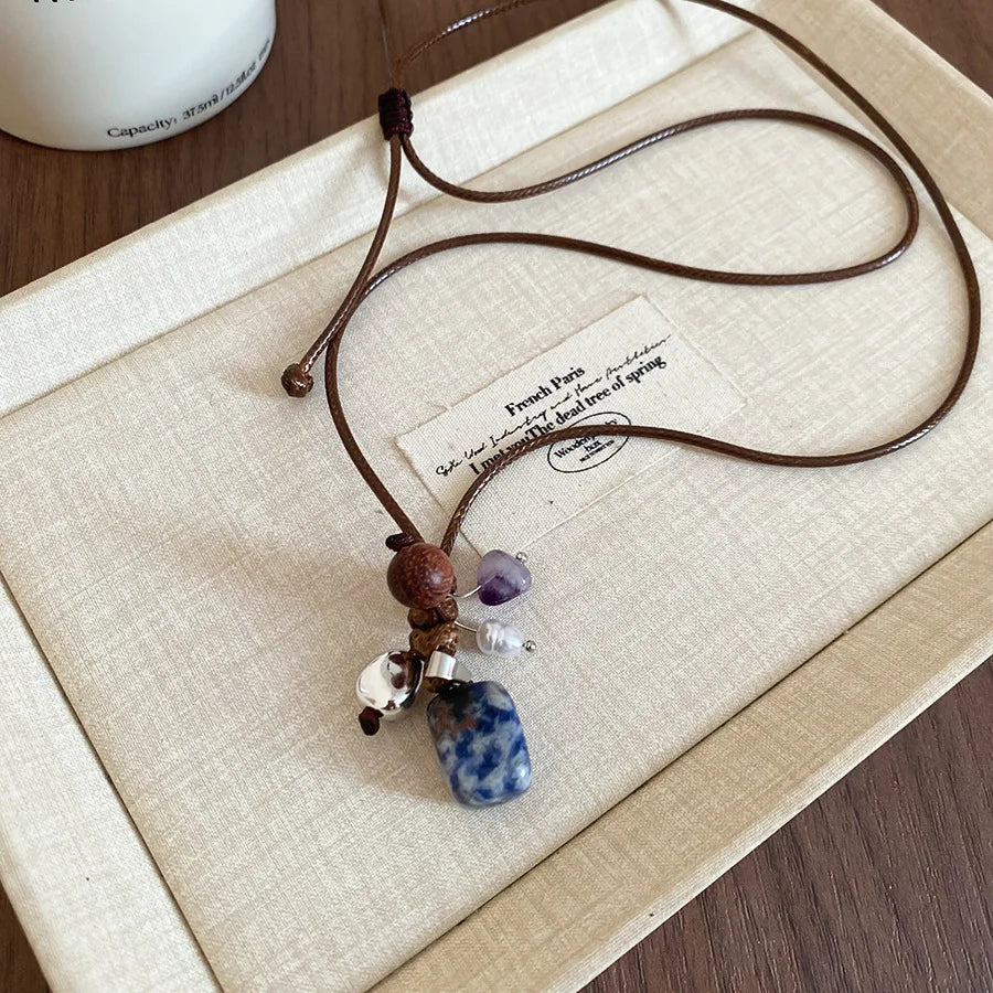 💛✨ Natural Spotted Tiger Eye Stone Necklace 🍇 | Vintage Water Droplet Grape Pendant 🌿 | Long Chain Necklace for Women Boho Accessories 💖