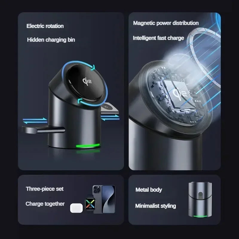 Qi2 3-in-1 Magnetic Wireless Charger – Touch Button Fast Charging Dock