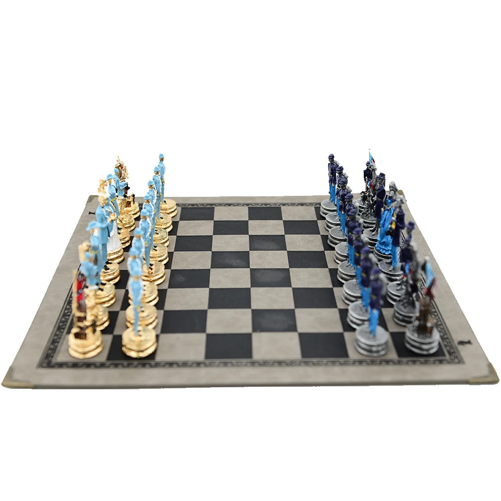 Luxury War‑Themed Metal & Resin Chess Set ♟️ | Hand‑Painted Knights on Leather Board | 32‑Piece Strategy Gift Set 🎁