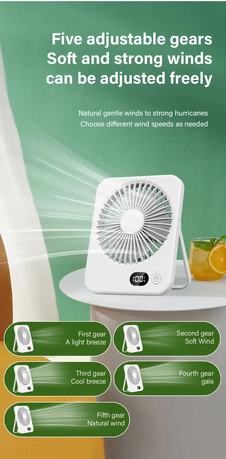 🌬️📱 Xiaomi Portable Desk Fan – 5 Speeds Ultra Quiet with Power Display