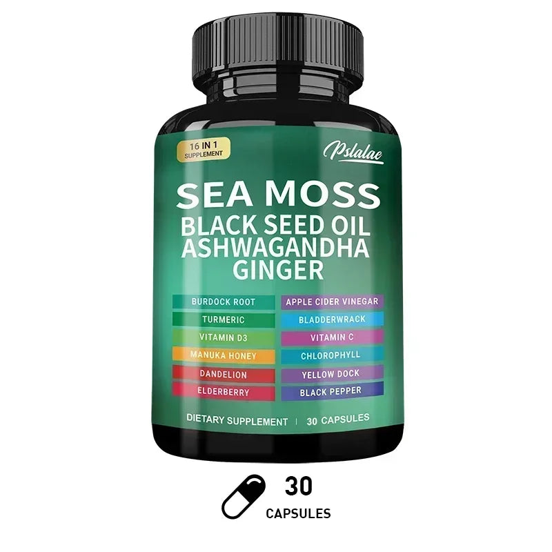 🌿 Sea Moss Supplement Capsules – Gut Health, Immunity Boost, Detox, Anti‑Aging, Antioxidant Support | Ashwagandha, Black Seed Oil, Ginger