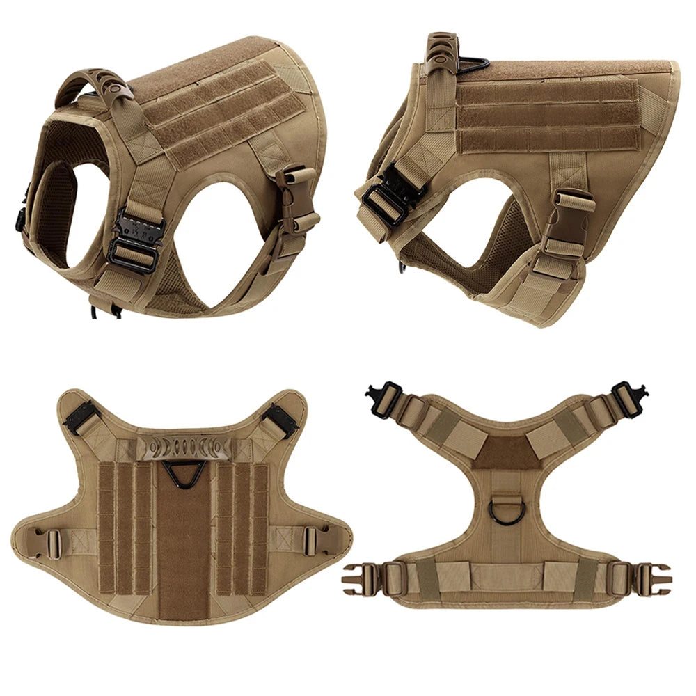 Four views of a tan tactical dog harness on a white background