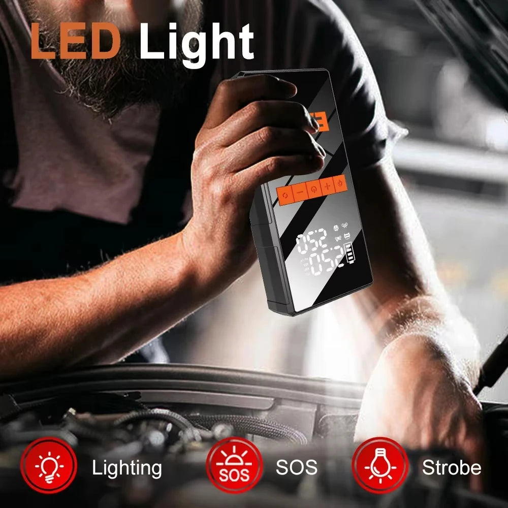 🚗⚡ 12V Car Jump Starter 4-in-1 – Wireless Tire Inflator Air Compressor, Power Bank & Fast Charging Portable Battery