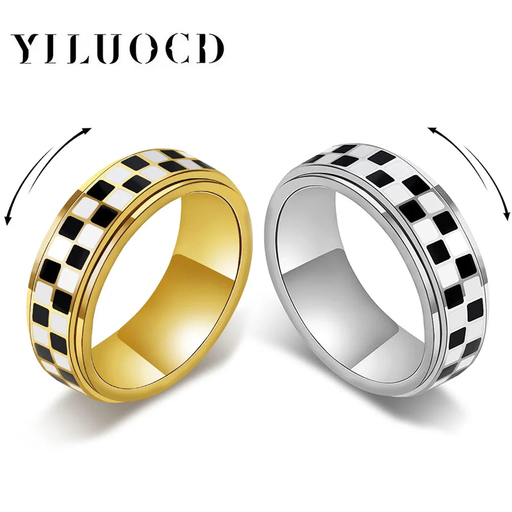 Stainless Steel Checkered Fidget Spinner Ring – Black & White Checkerboard | 18K Gold Plated Stress Relief Band (Unisex) ♟️💍✨