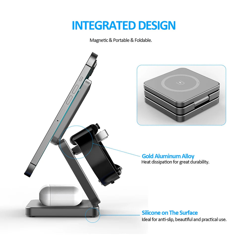 3-in-1 Foldable Magnetic Wireless Charging Station for iPhone & Apple Watch