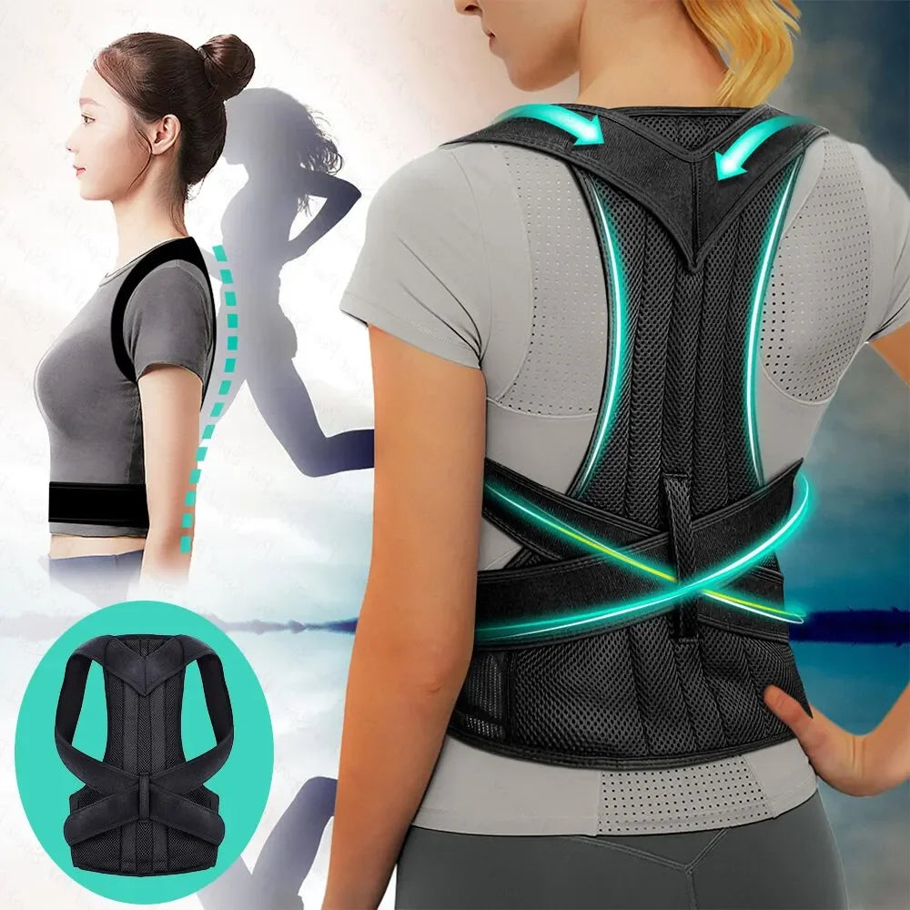 Adjustable Back posture corrector with breathable shoulder and waist support straps
