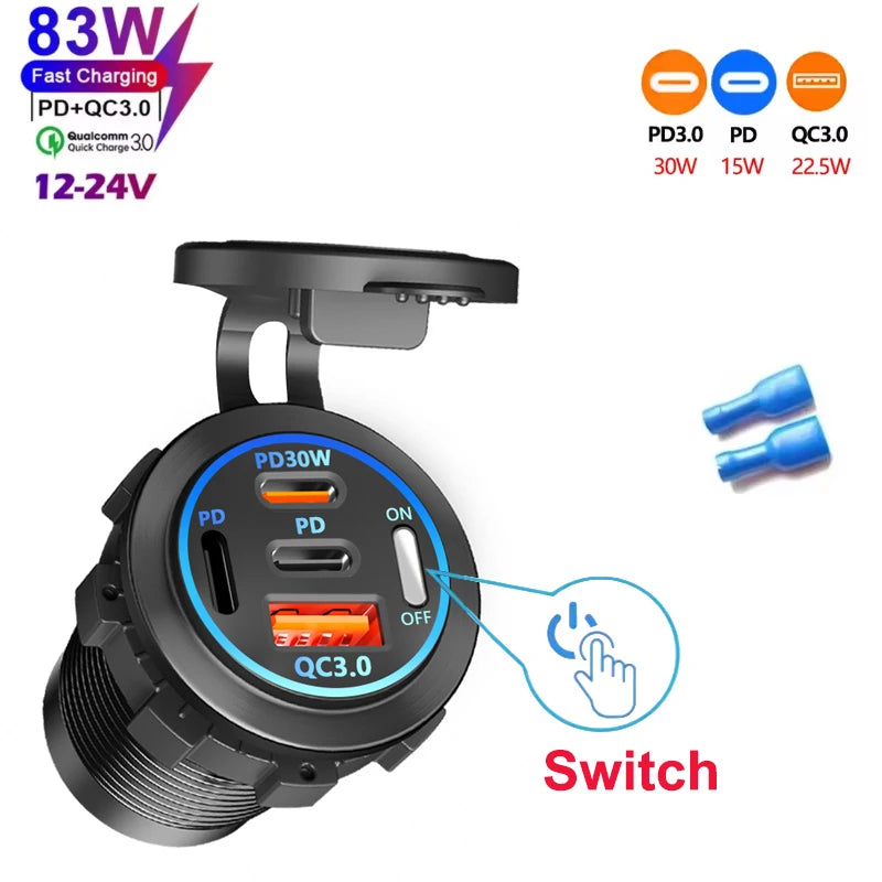 🚗 4‑Port PD + QC 3.0 Car Charger with Voltmeter | 83W Fast Charge | Waterproof 12V/24V