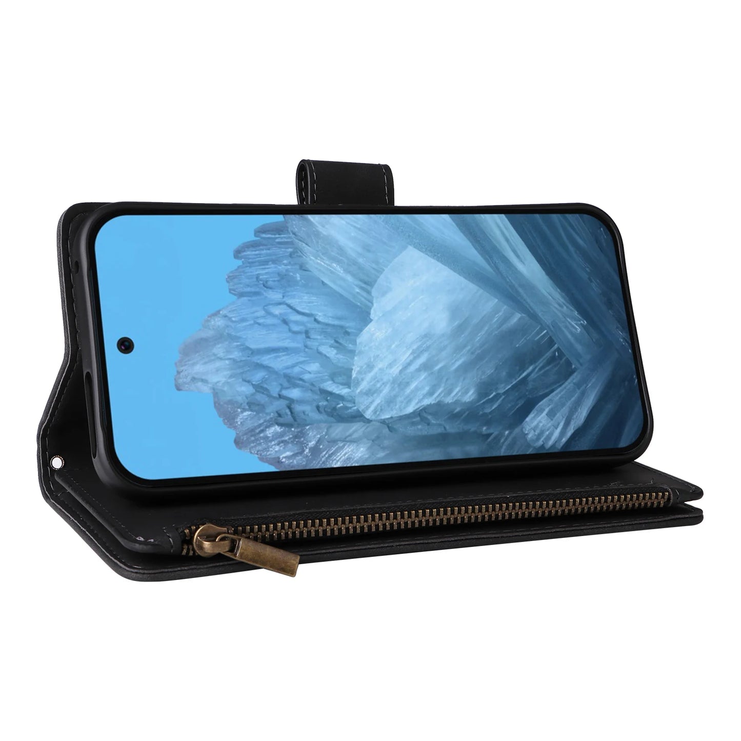 CAESBON Wallet Zipper Magnetic Flip Case with Kickstand for Google Pixel