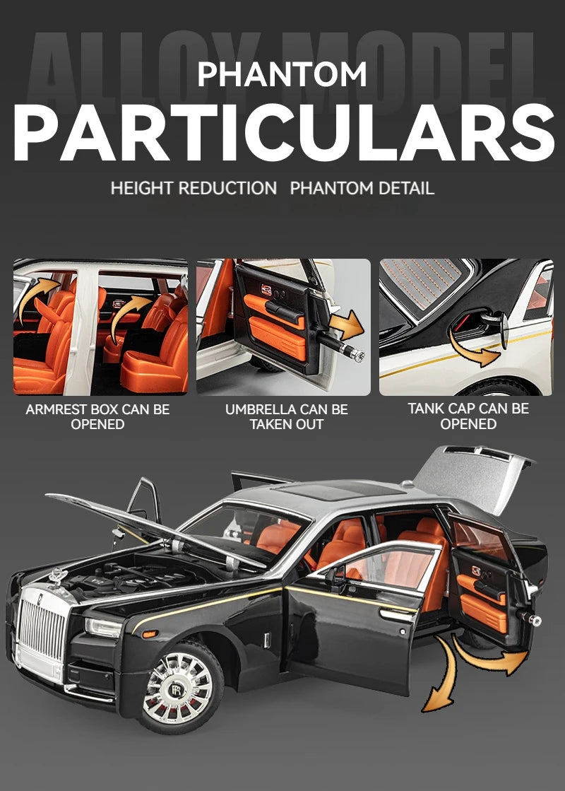 1:18 Rolls-Royce Phantom Model Car, Zinc Alloy Pull Back Toy Diecast Car with Sound and Light, Realistic Modeling Model Toy